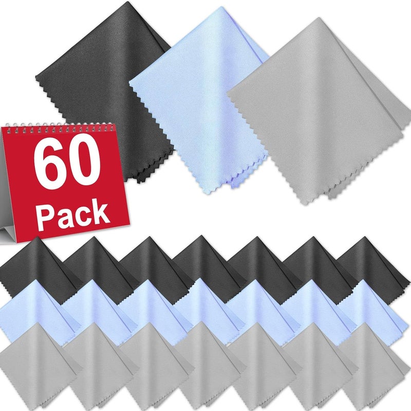 Zeefpod 60-Pack Microfiber Cleaning Cloths for Glasses, 6x7 Inch Premium Lens Cleaning Cloth for Screens, Cameras, Eyeglasses, Cell Phone, LCD TV Screens，Black，Grey and Light Blue - Image 1